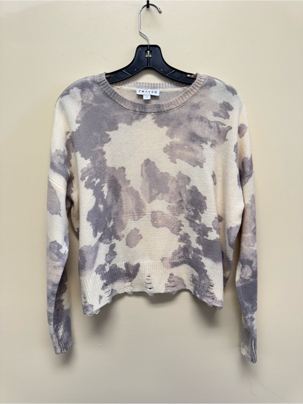 Frayed Women's Scoop Neck Tie-Dye Sweater in Beige Gray Distressed bottom hem.